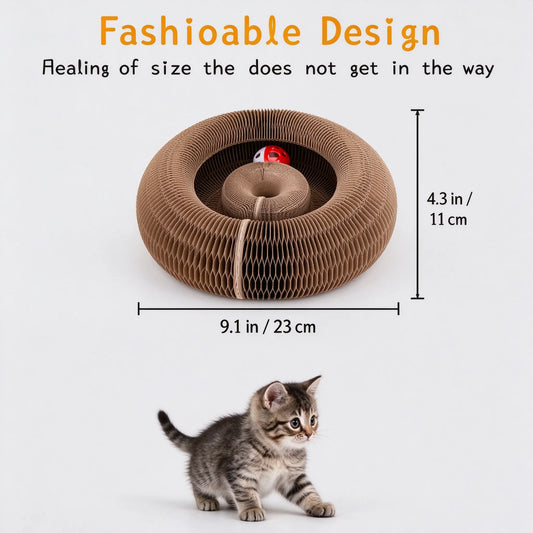 2-in-1 Cat Scratcher Toy with Interactive Bell Ball, Foldable Corrugated Cardboard Scratch Pad for Indoor Cats, Durable Oval Cat Scratching Board with Rotating Track, Protects Furniture