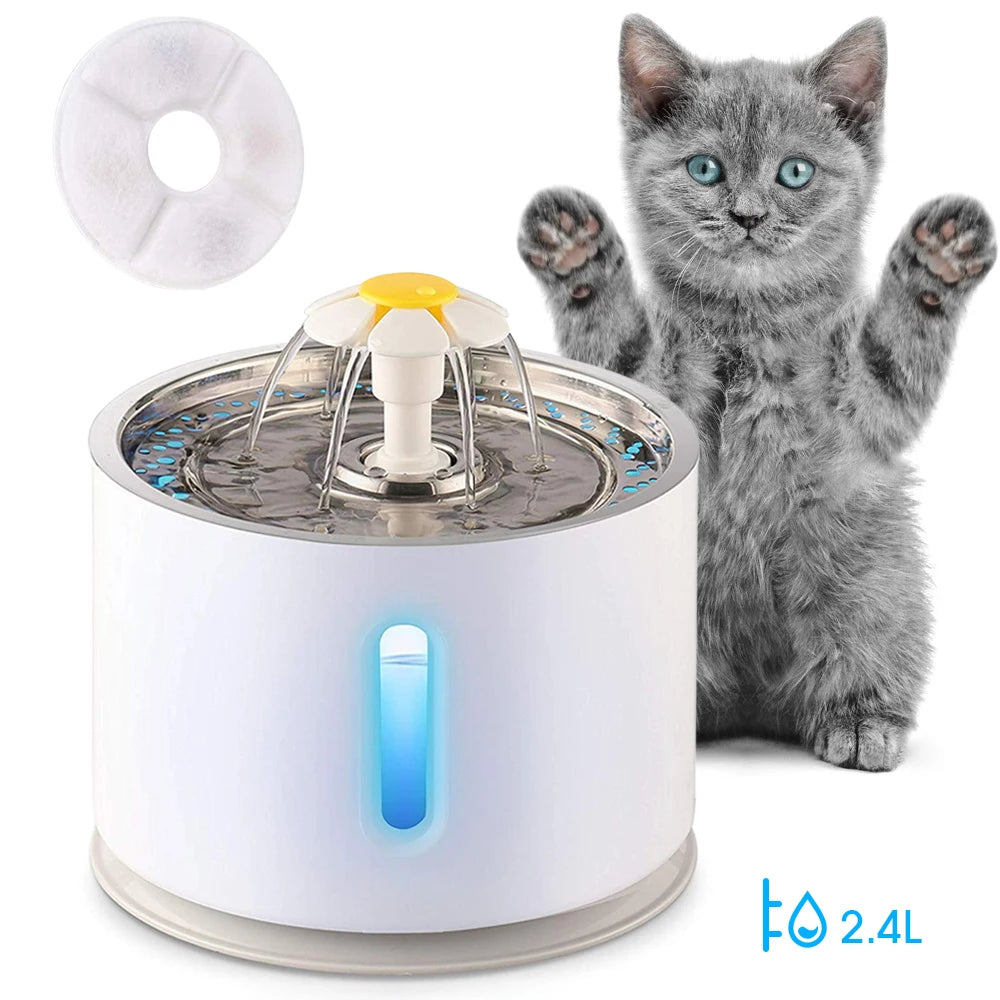 Automatic Pet Cat Water Fountain with LED Lighting 5 Pack Filters 2.4L USB Dogs Cats Mute Drinker Feeder Bowl Drinking Dispenser