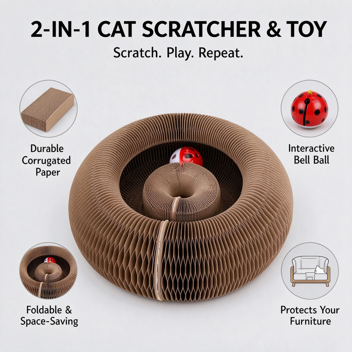 2-in-1 Cat Scratcher Toy with Interactive Bell Ball, Foldable Corrugated Cardboard Scratch Pad for Indoor Cats, Durable Oval Cat Scratching Board with Rotating Track, Protects Furniture