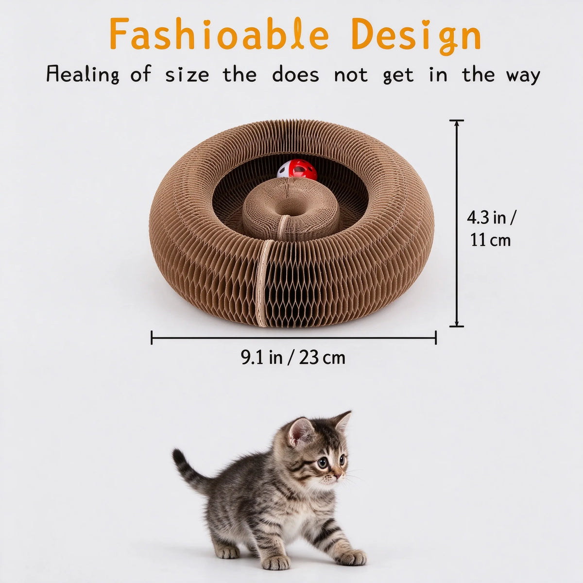 2-in-1 Cat Scratcher Toy with Interactive Bell Ball, Foldable Corrugated Cardboard Scratch Pad for Indoor Cats, Durable Oval Cat Scratching Board with Rotating Track, Protects Furniture