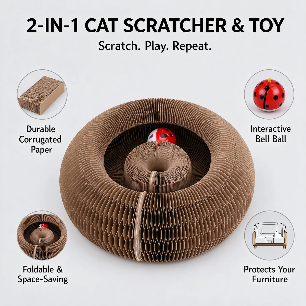 2-in-1 Cat Scratcher Toy with Interactive Bell Ball, Foldable Corrugated Cardboard Scratch Pad for Indoor Cats, Durable Oval Cat Scratching Board with Rotating Track, Protects Furniture