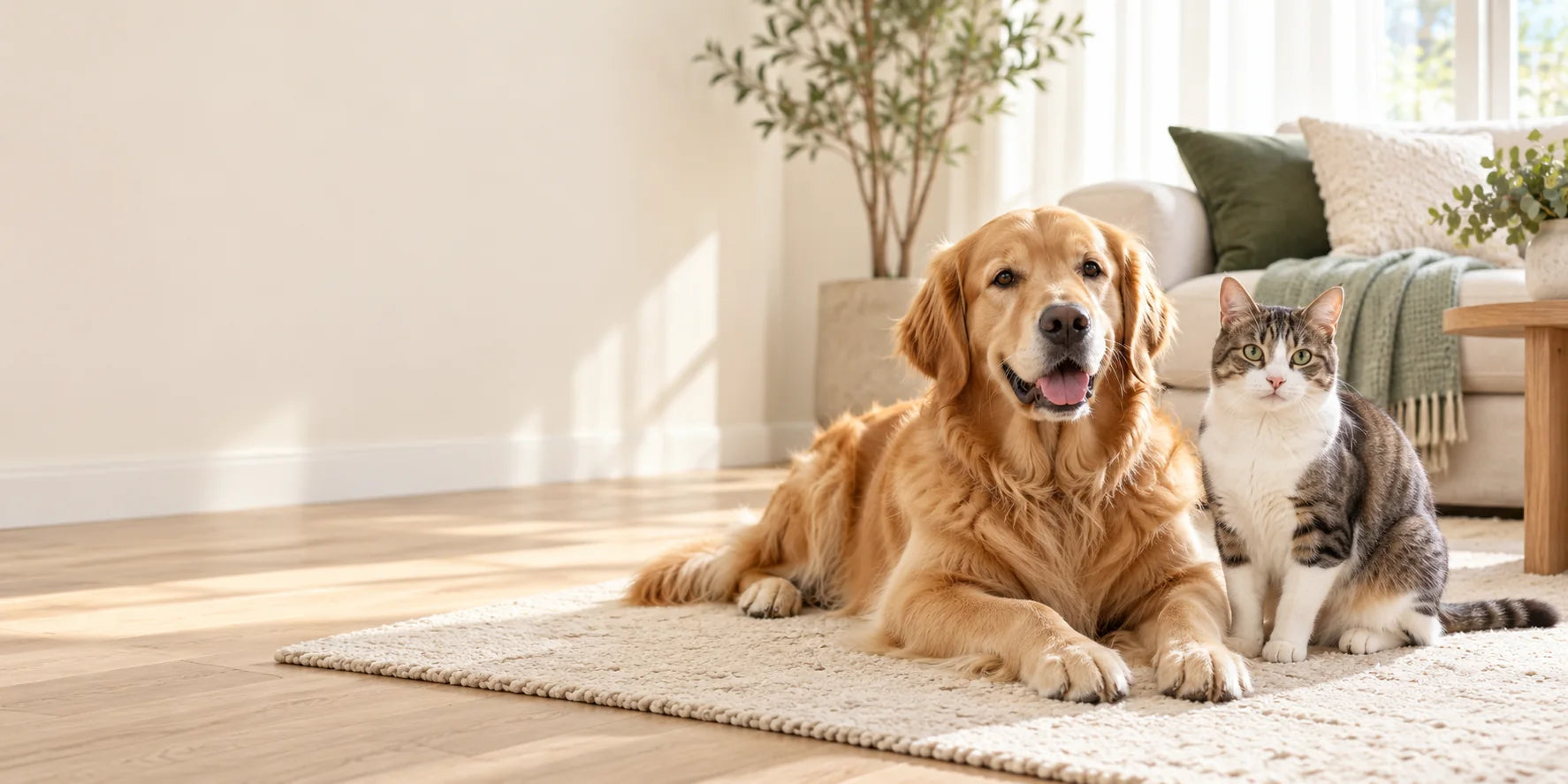 A golden retriever and a cat relaxing together in a bright home